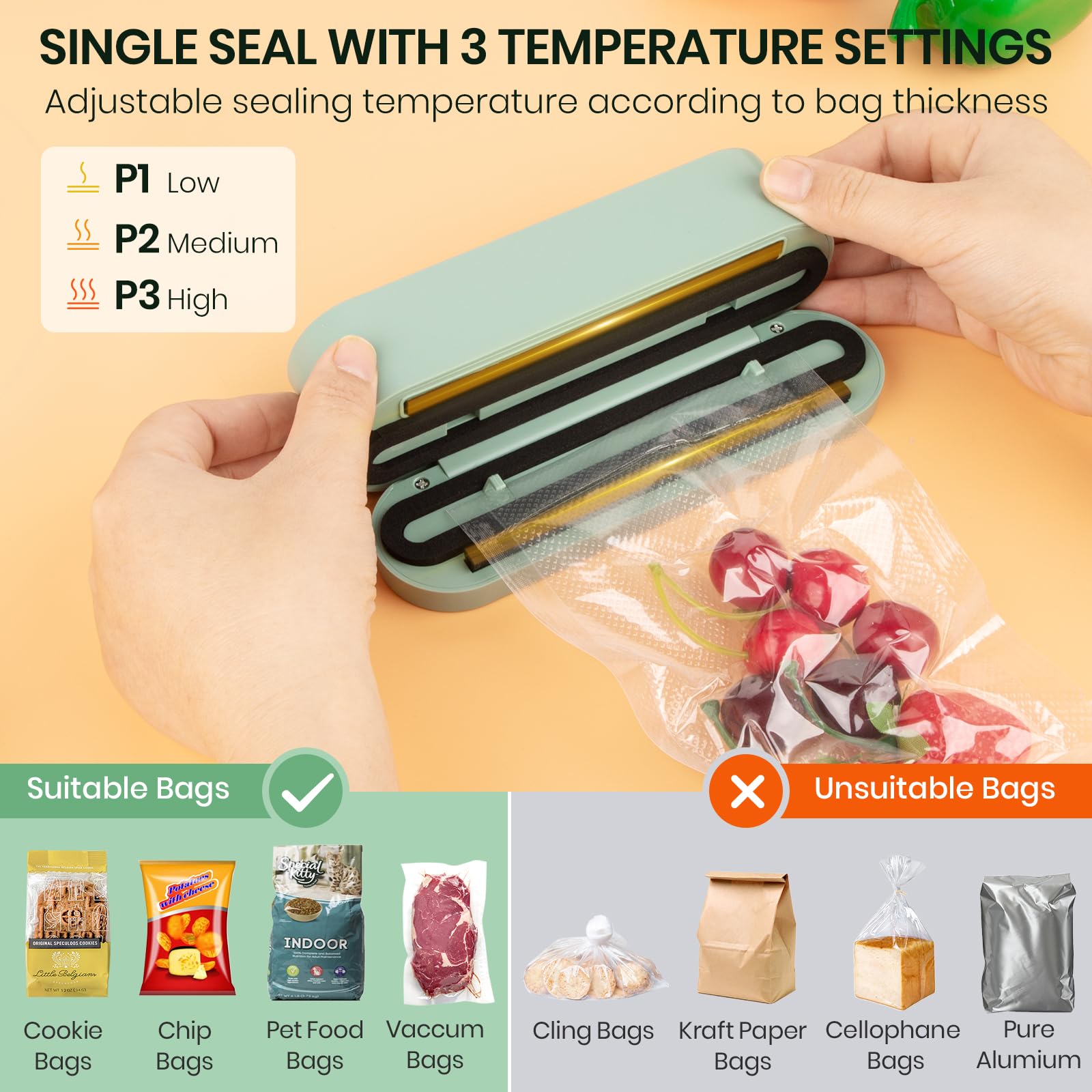 Keledz Mini Vacuum Sealer for Food, 3 in 1 Cordless Rechargeable Food Sealer for Dry/Moist Food Storage with 4 Snack Bags, Heat Sealer for Chip Bags, Inflation Pump for Balls/Swim Ring - Green - View 4 of 7