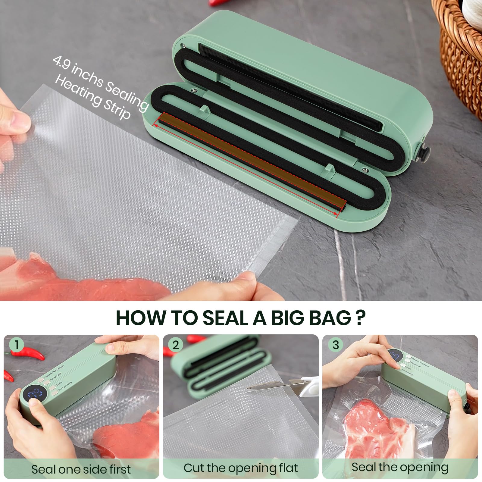 Keledz Mini Vacuum Sealer for Food, 3 in 1 Cordless Rechargeable Food Sealer for Dry/Moist Food Storage with 4 Snack Bags, Heat Sealer for Chip Bags, Inflation Pump for Balls/Swim Ring - Green - View 5 of 7