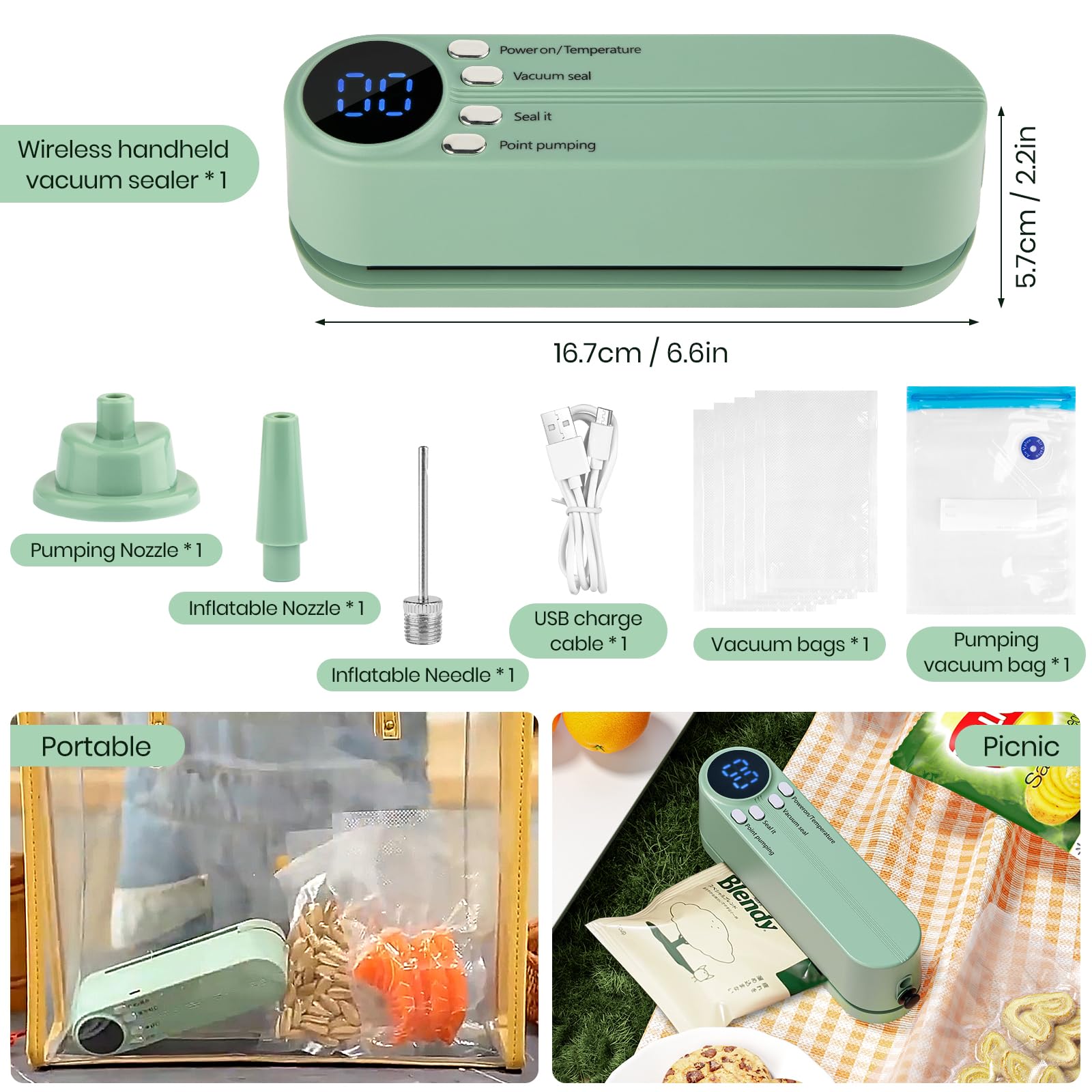 Keledz Mini Vacuum Sealer for Food, 3 in 1 Cordless Rechargeable Food Sealer for Dry/Moist Food Storage with 4 Snack Bags, Heat Sealer for Chip Bags, Inflation Pump for Balls/Swim Ring - Green - View 6 of 7