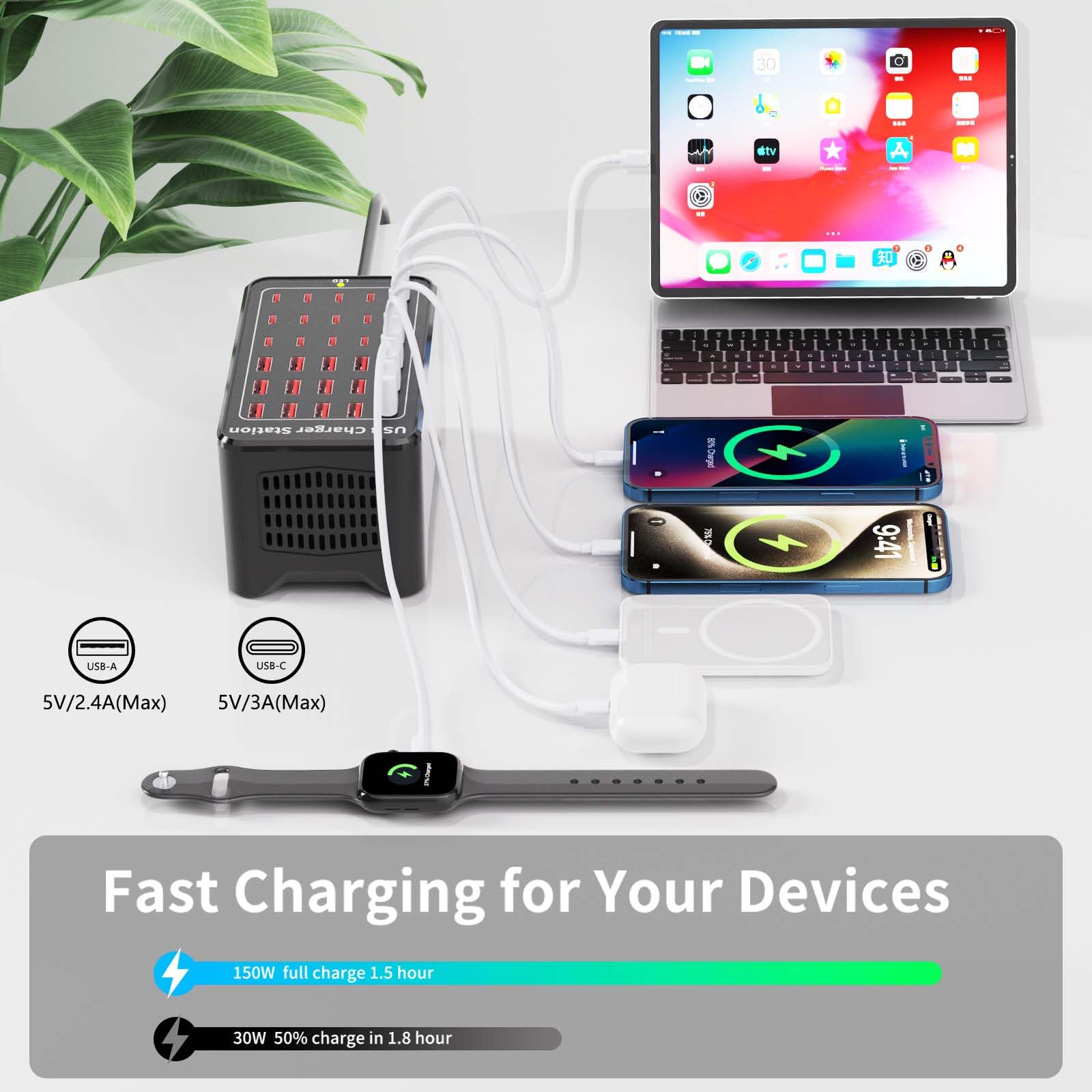 Yoodarmx 150W(30A) USB Charging Station, 30-Port USB C Charger Block, Multiple Desktop/Wall Fast Charger with Intelligent Protection Compatible with iPhone, iPad, Tablets, Smartphones - View 3 of 7