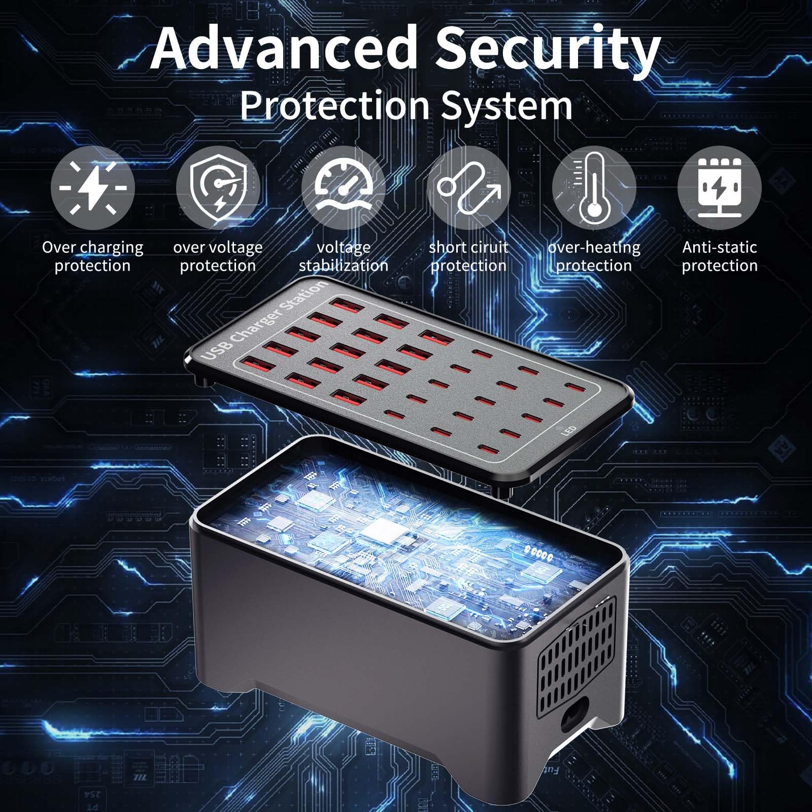 Yoodarmx 150W(30A) USB Charging Station, 30-Port USB C Charger Block, Multiple Desktop/Wall Fast Charger with Intelligent Protection Compatible with iPhone, iPad, Tablets, Smartphones - View 4 of 7