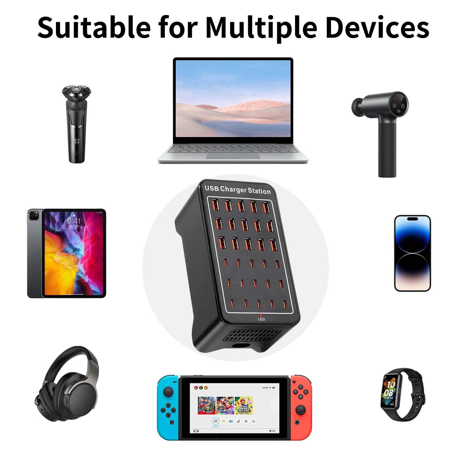 Yoodarmx 150W(30A) USB Charging Station, 30-Port USB C Charger Block, Multiple Desktop/Wall Fast Charger with Intelligent Protection Compatible with iPhone, iPad, Tablets, Smartphones - View 5 of 7