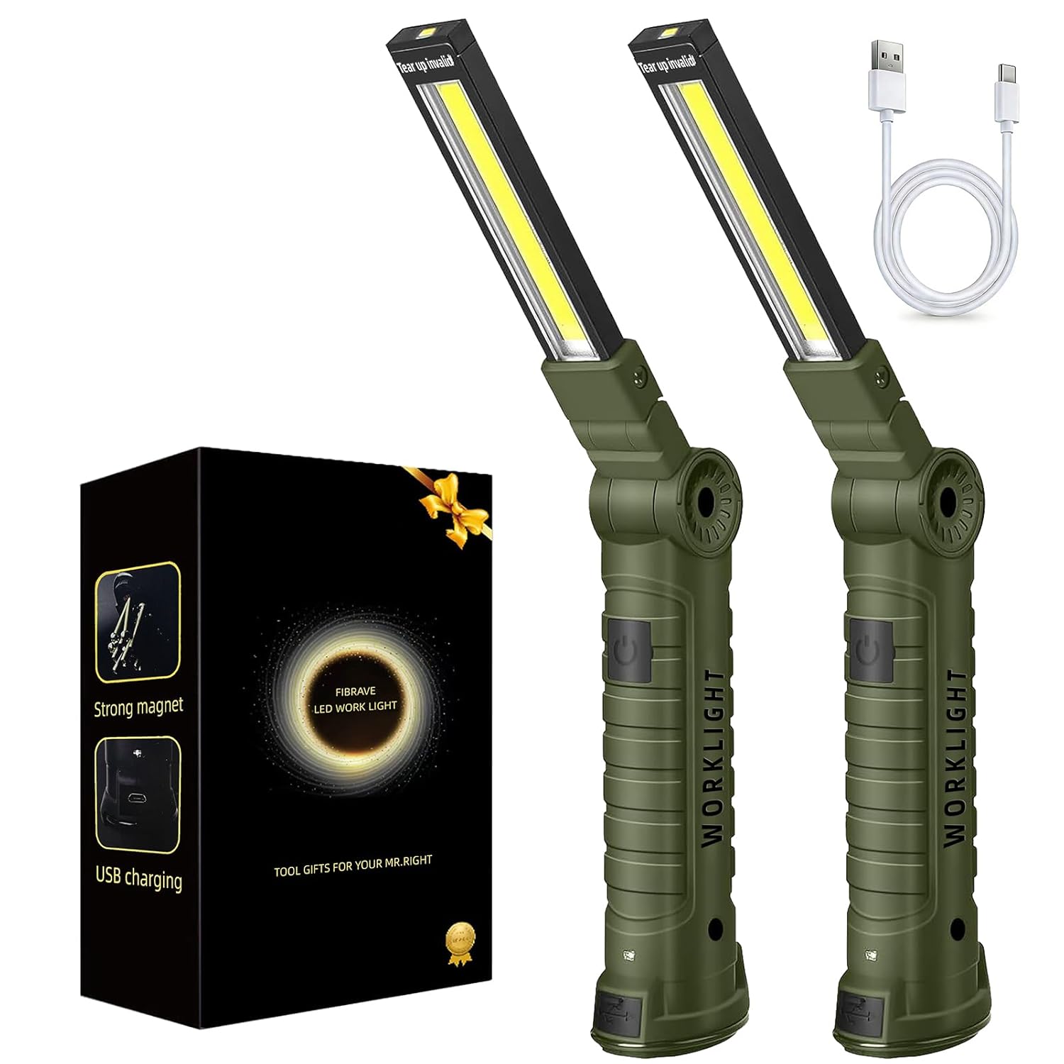 FIBRAVE LED Work Light Rechargeable Flashlight, Fathers Day Tool Gifts for Men Him Husband, Mechanic Torch Grill Light Foldable Inspection Lamp Magnetic Base 5 Modes 360Â° Rotate for Car Emergency Repair 2PCS - View 9 of 9