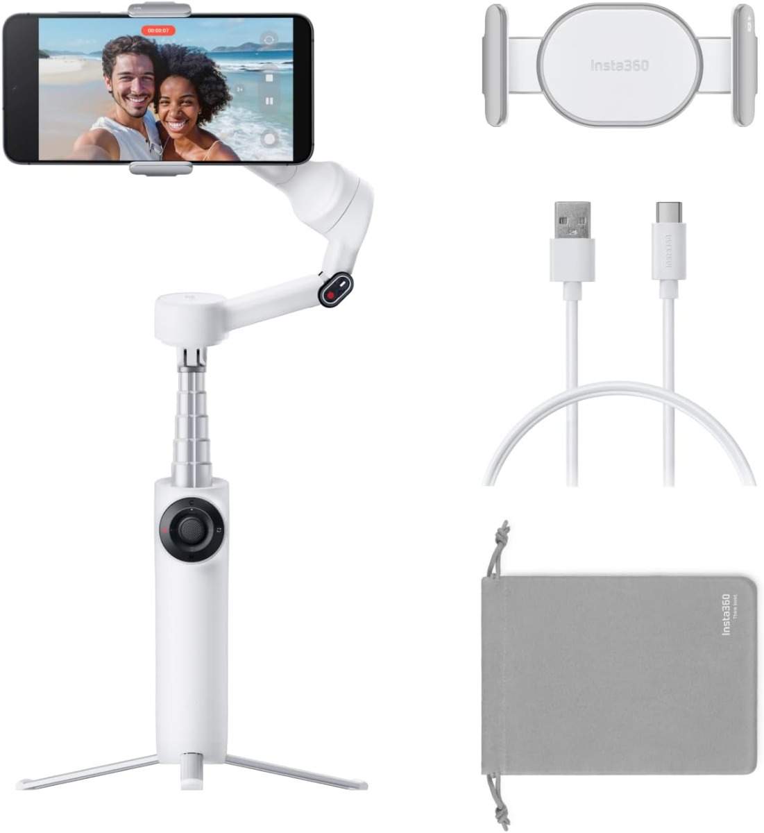 Insta360 Insta360 Flow 2 White - Foldable AI Phone Gimbal, AI Tracking, Multi-Person Tracking, Built-in Tripod/Selfie Stick, Remote Control, iPhone/Android Portable Stabilizer